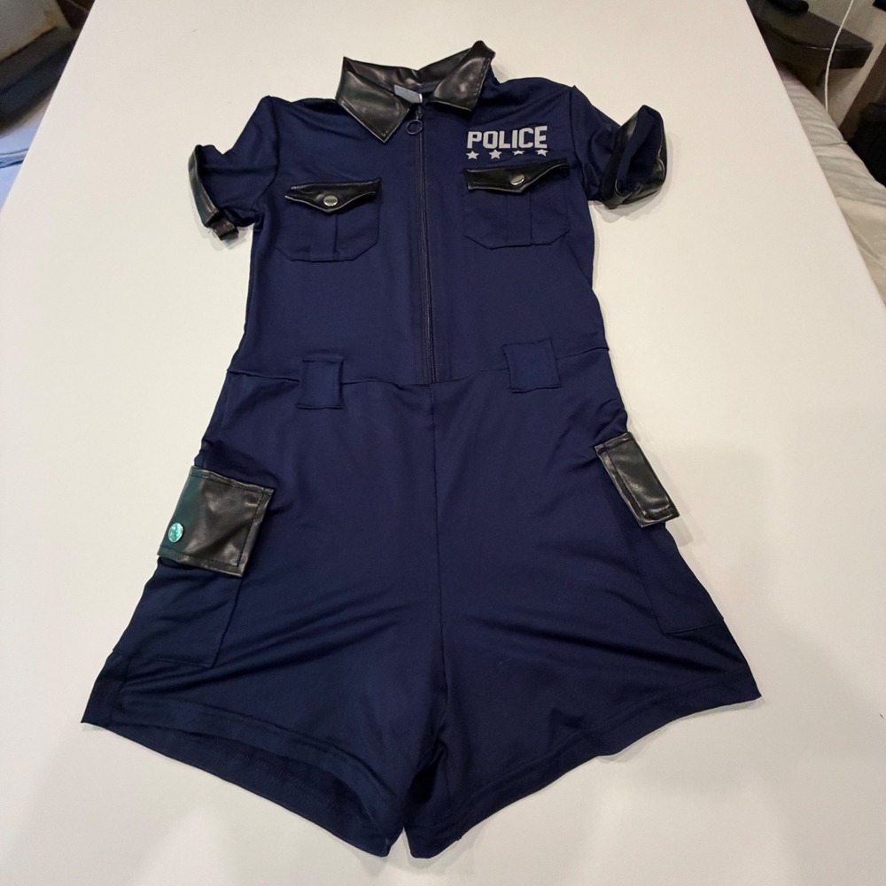 Spirit Halloween Police Officer Romper Costume Navy Blue Faux Leather Trim Small